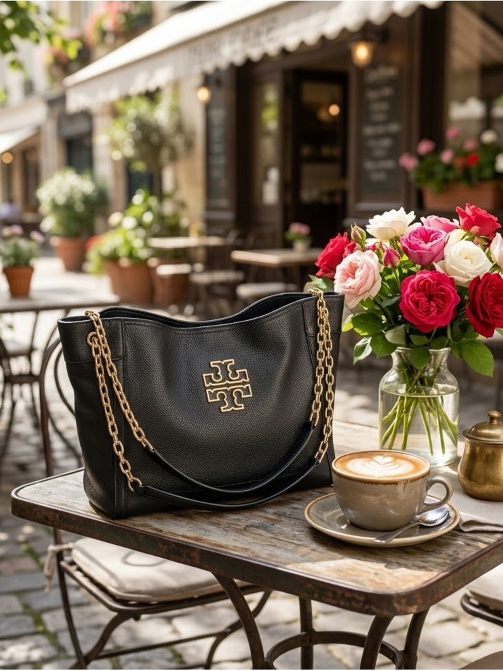 Auth Tory Burch Britten Small Slouchy Tote Black Pebbled Leather Gold Chain Bag